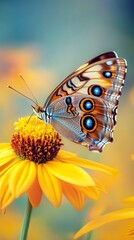 Obraz premium A photograph of a buckeye butterfly with its large, multicolored eyespots on the wings is perched delicately atop yellow petals in natural daylight