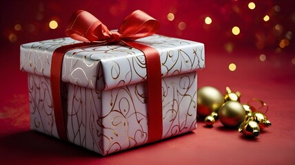 A festive gift on a minimalistic red background, a New Year's gift