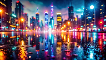 Obraz premium A blurry cityscape, illuminated by the reflections of a rainy night, creates a mosaic of vibrant colors in the puddles.