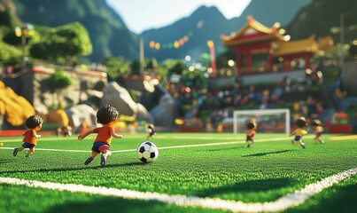 Obraz premium Cartoon soccer game in front of a temple.