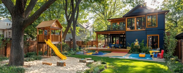 Family suburban home boasts a backyard with a colorful play area including a treehouse.