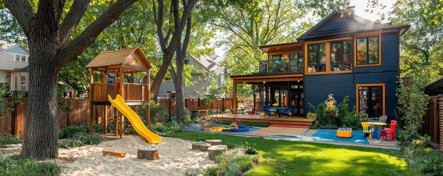 Family suburban home boasts a backyard with a colorful play area including a treehouse.