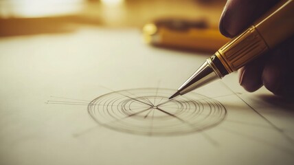 Hand drawing precise geometric circle diagram on paper