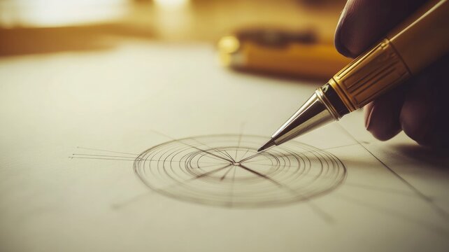 Hand drawing precise geometric circle diagram on paper