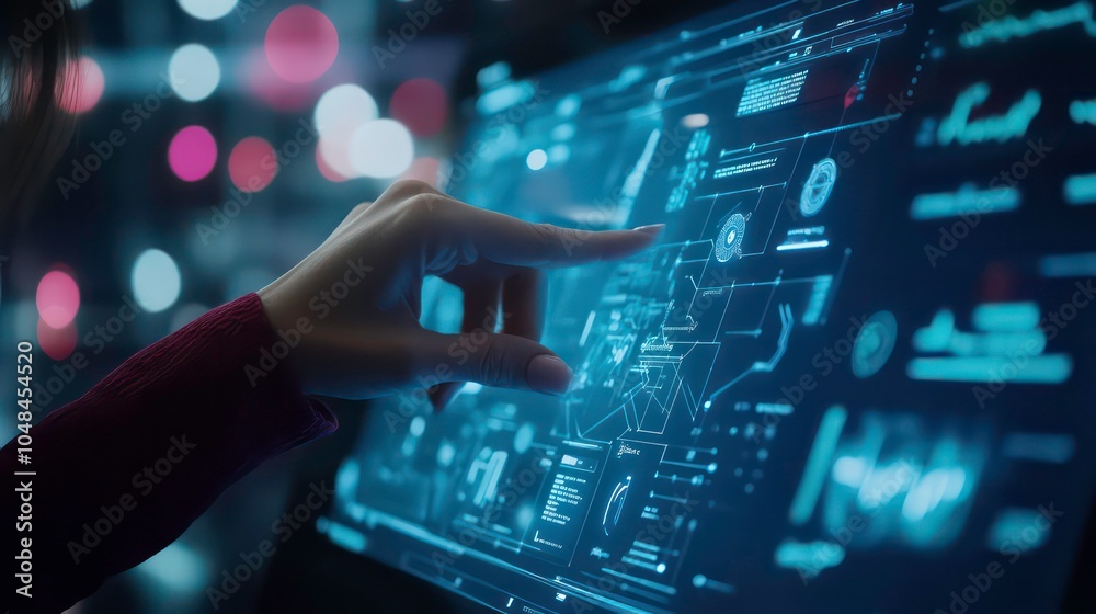 Leinwandbilder A hand interacts with a digital interface filled with data and information, illuminating the screen with blue hues.