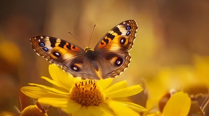 Obraz premium A photograph of a buckeye butterfly with its large, multicolored eyespots on the wings is perched delicately atop yellow petals in natural daylight