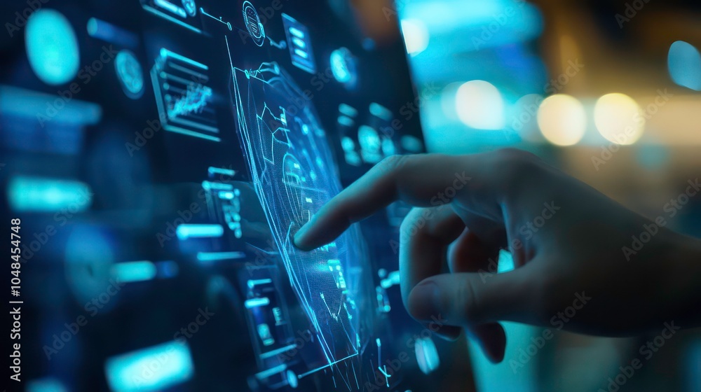 Aufkleber a hand points at a glowing blue interactive display with lines, icons, and data.
