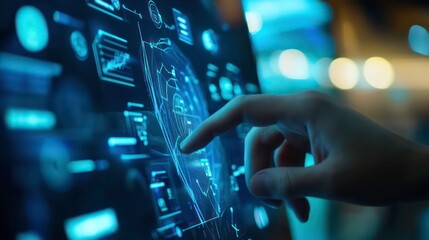 A hand points at a glowing blue interactive display with lines, icons, and data.