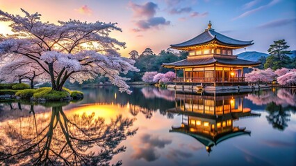 Obraz premium Tranquil evening scene with temple, cherry blossoms, water reflection forced perspective