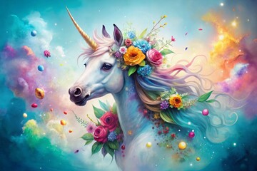 Cute Colorful Baby Unicorn Head with Fantasy Flowers and Watercolor Splashes on Light Blue Background for Modern Design and Hand Drawing Effect