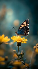 Fototapeta premium A photograph of a buckeye butterfly with its large, multicolored eyespots on the wings is perched delicately atop yellow petals in natural daylight