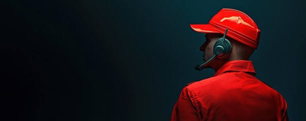 A team member in red uniform and headset stands against a dark background, conveying a professional and focused atmosphere.