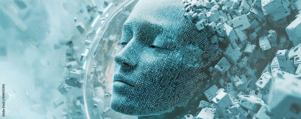 Poster digital face of an ai robot constructed from small fragments and data symbols, representing artifici