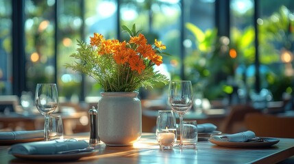A table set for two with orange flowers in a vase and a lit candle.