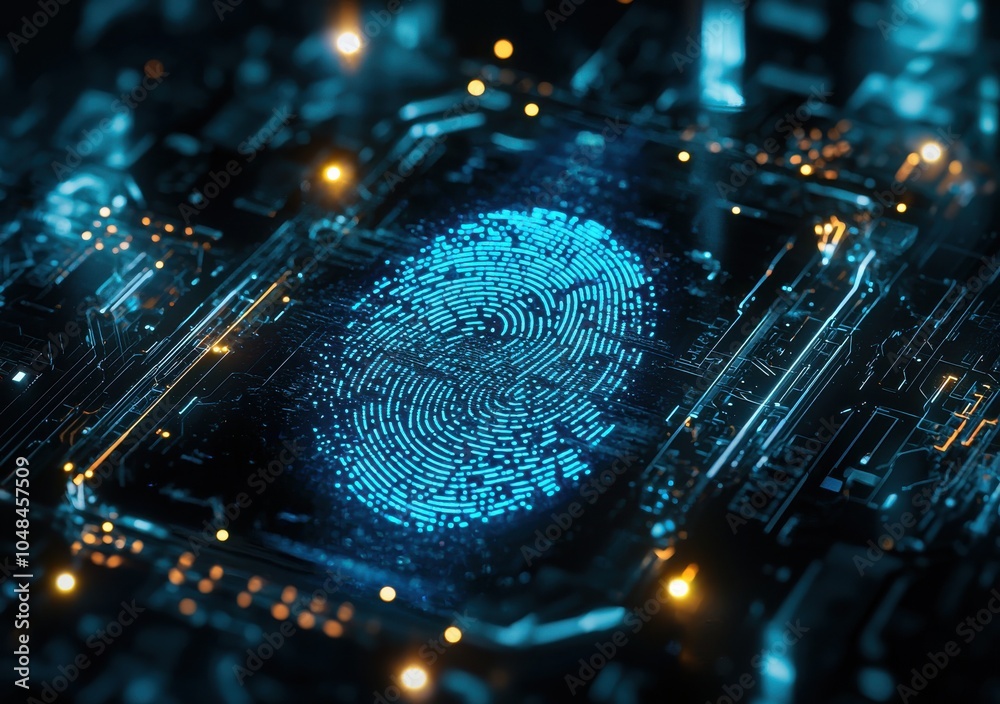 Poster digital representation of a glowing fingerprint in a virtual circuit board environment symbolizing c