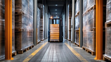 A forklift drives down a narrow aisle in a warehouse, surrounded by pallets of shrink-wrapped boxes.