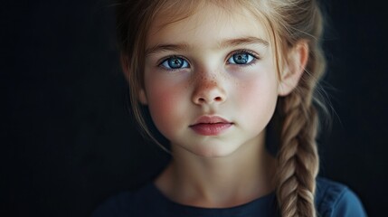 Fototapeta premium A young girl with blue eyes and brown hair is looking at the camera