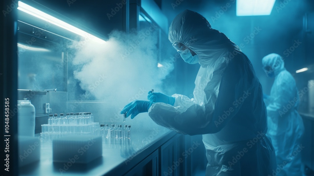 Poster a man in a lab coat is wearing a mask and gloves as he works with a machine