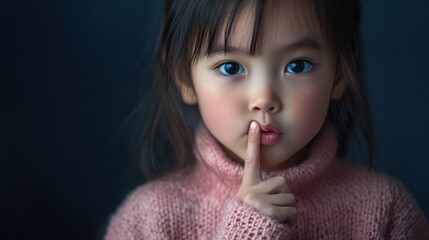 Fototapeta premium Asian kid girl in pink sweater shows shh sign Close up portrait