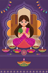 Diwali invitation vector design background with a girl in traditional attire with welcoming folded hands at home by ai
