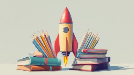 Fototapeta premium Back To School - Books And Pencils With Rocket Sketch