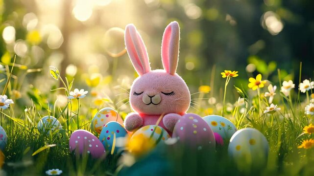 Stock minimalist photography of a pink bunny with closed eyes, sitting on a green field surrounded by Easter eggs and wildflowers, softly lit by natural light