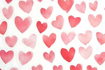 A delicate pattern of hand-drawn hearts in shades of red and pink, scattered across the canvas on an isolated white background