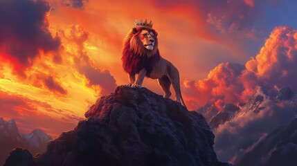 A majestic lion with a golden crown stands on a mountain peak with a fiery sunset in the background.