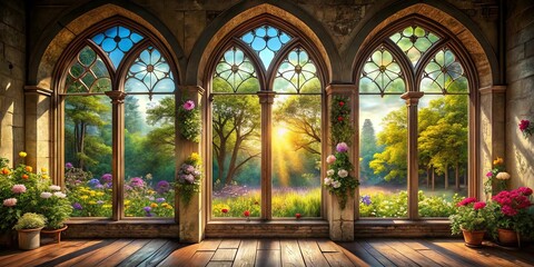 Obraz premium A glimpse of a sunlit meadow through three grand arched windows, framed by stone and adorned with blooming flowers, reveals the promise of a tranquil summer day.