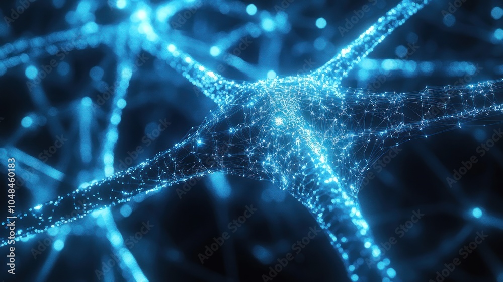 Poster abstract representation of a neuron with glowing blue connections