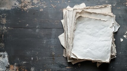 Stack of aged, torn antique papers on rustic wooden surface