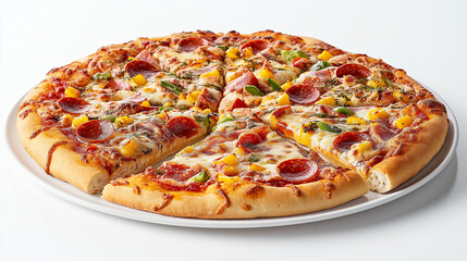 Delicious Pepperoni and Vegetable Pizza on White Plate &ndash; Perfect for Food Photography, Menus, and Italian Cuisine Themes