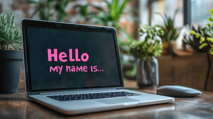 Open laptop with "Hello my name is" on screen, surrounded by plants