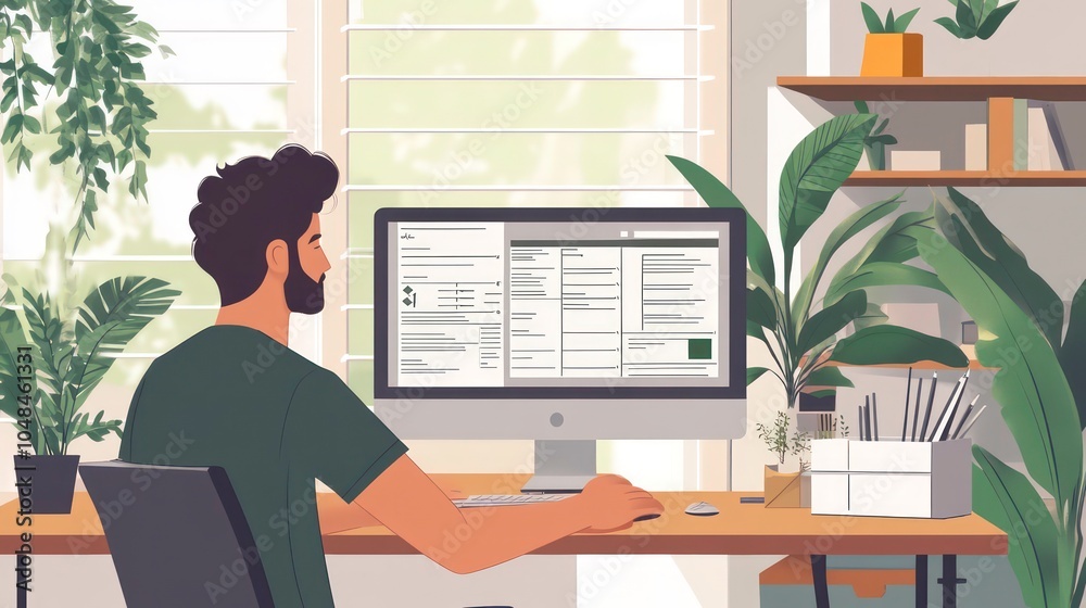 Poster a man sits at his desk, working on his computer in a home office setting. there are plants in the ba