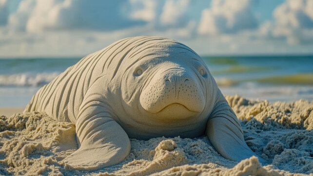 Realistic sand sculpture of marine mammal on beach