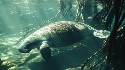 Manatee swimming in clear water among mangrove roots