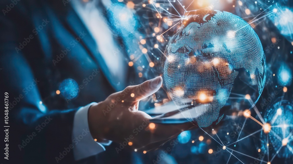 Poster a businessman's hand holds a smartphone with a glowing digital globe and network connections, repres