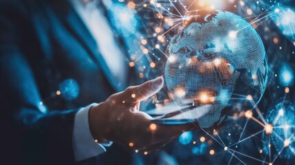 A businessman's hand holds a smartphone with a glowing digital globe and network connections, representing global connectivity and technological advancement.