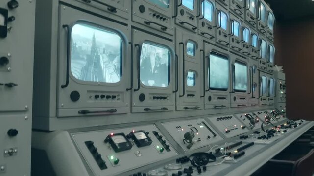 An old-style television studio center console with tube screens, microphones, knobs, buttons, gauges and other equipment. Shot in motion