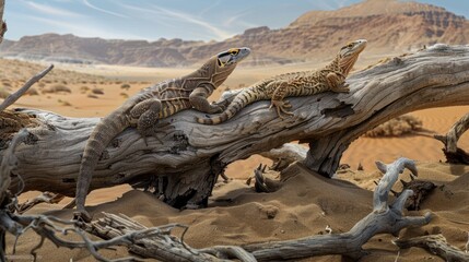 Two Lizards Resting on a Driftwood Branch in a Desert Landscape