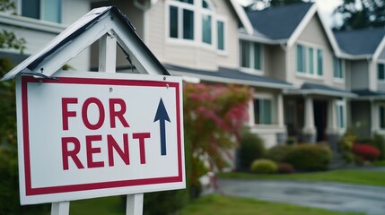 Obraz premium Residential property displays a FOR RENT sign, with space for customizable text.
