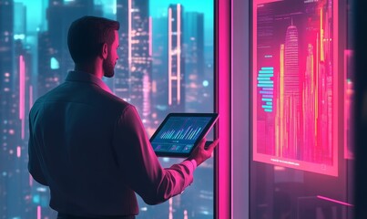Fototapeta premium Man looking at data on tablet in futuristic city.