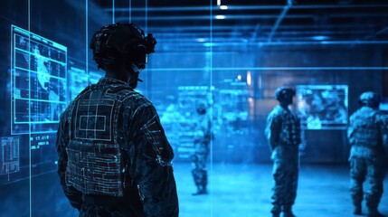 A soldier in futuristic gear stands in a high-tech command center, surrounded by other soldiers and holographic displays.