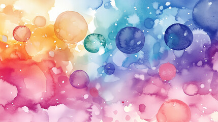 Watercolor abstract background with colorful bubbles, soft pastel colors, dreamy and whimsical style