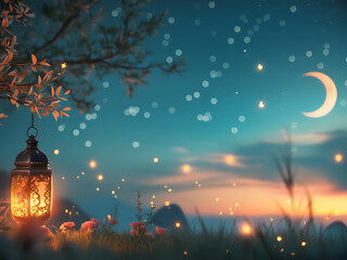 Ramadan Night Scene with Lantern and Crescent Moon