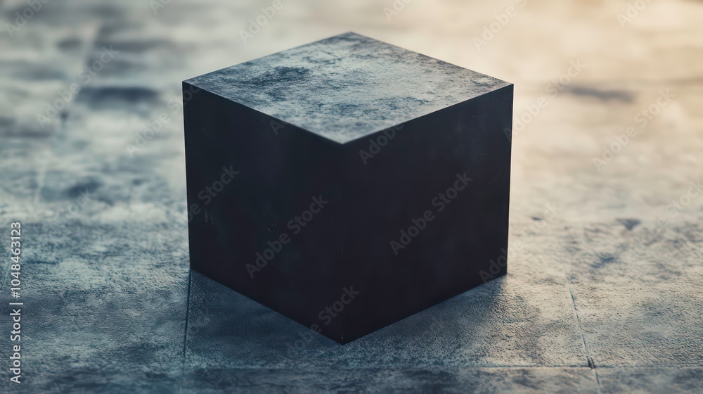 Poster a black cube sits on a textured surface, bathed in warm light.