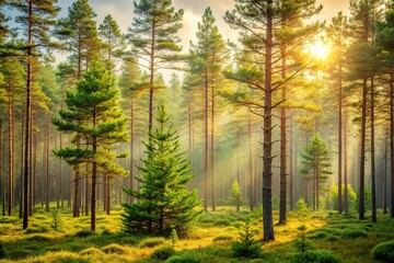 Obraz premium Tranquil forest scene with delicate pine trees in soft light