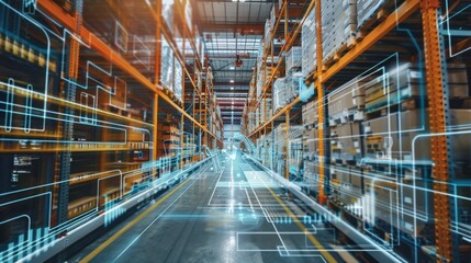 Fototapeta premium Futuristic Warehouse Interior with Digital Overlay