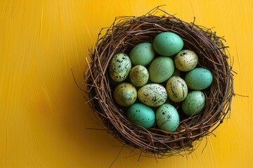 Obraz premium Blue eggs in the nest top view. A nest with green colored eggs on yellow background. Decor