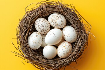 Fototapeta premium White eggs in nest top view. A nest with bright eggs on a yellow background. Decor